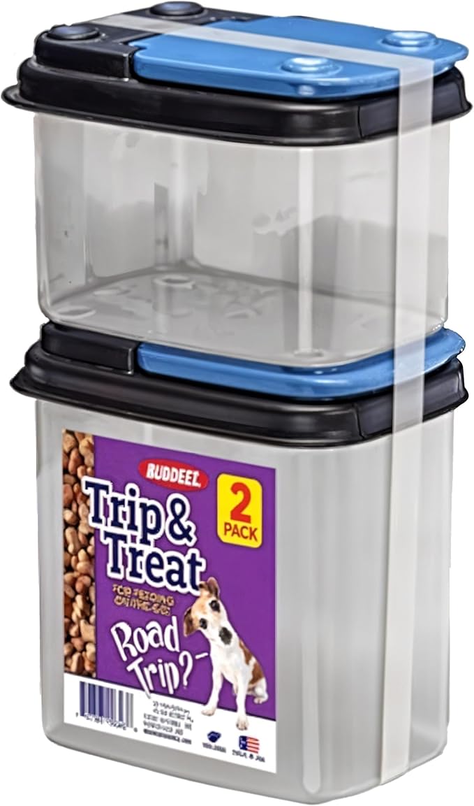 Buddeez Trip and Treat - Pet Food Storage with Flip Lid - Stackable BPA Free Treat Containers - Travel Food Dispenser for Pets - 1QT and 0.6QT