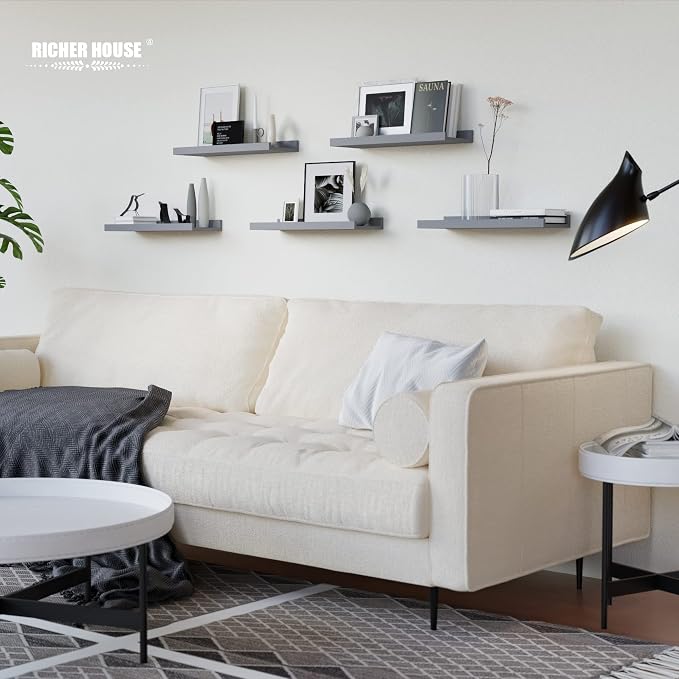 RICHER HOUSE 5-Set Floating Shelves with Lip, Grey Wall Mounted Wood Shelf | Display Picture Ledge Shelf, Anti-drop lip Shelf for Room Wall Decor, Bedroom Bathroom Storage Nursery Books, Easy Setup 16in