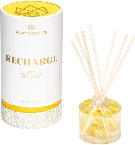 Citrine Crystal Infused Reed Diffuser, 4 OZ, Recharge - Scents of Lemongrass, Geranium & Basil for Inspiration & Creativity - Perfect for Meditation Spaces, Yoga Studios, Bedside Tables