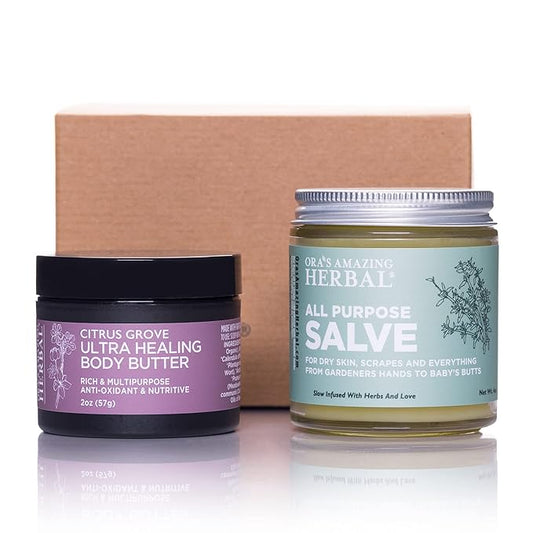 Ora's Amazing Herbal Natural Skin Care Gift Set, Intensive Moisturizers Intensive Dry Skin Care, All Purpose Herbal Salve 4 oz, Citrus Grove Ultra Healing Body Butter, 2 oz