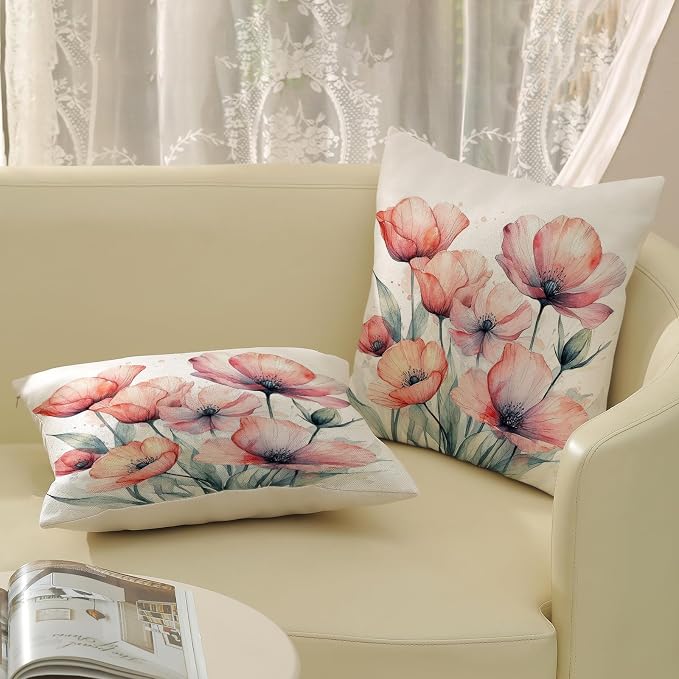 Spring Pillow Covers 18x18 Set of 2 Watercolor Orange Pink Floral Throw Pillow Cover Decoration Summer Seasonal Vintage Flower Farmhouse Decorative Cushion Cover for Home Sofa Outdoor Decor