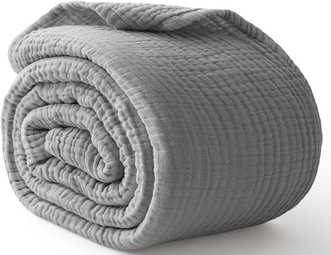 100% Cotton Muslin Blanket King 108" x 90", 6 Layers Breathable and Lightweight Cotton Throw Blanket for Bed, Soft Quilt Bedspread Coverlet, Gauze Blanket for Adults All Season, Grey