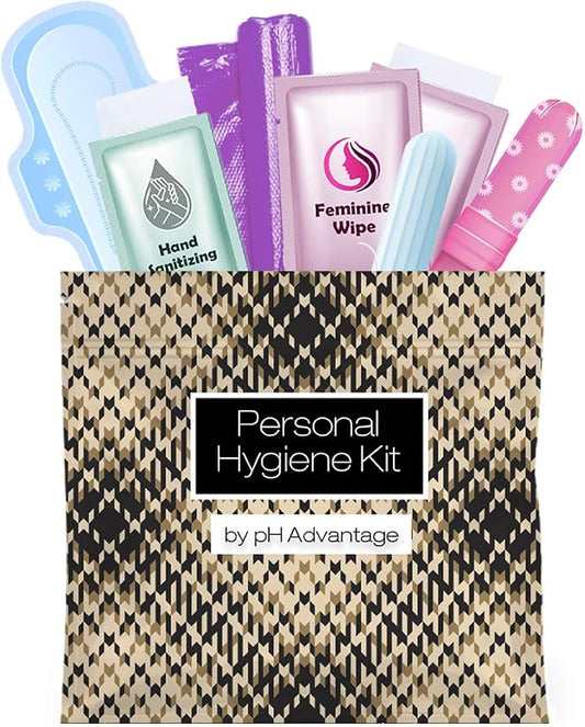 Menstrual Kit All-in-One | Convenience on The Go | Single Period Kit Pack for Travelling, Tweens & Teenagers or Emergency situations | Individually Wrapped Feminine Hygiene Products (Leather Light)