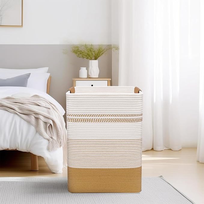 Laundry Hamper, 85L Cotton Rope Laundry Basket, Jute & White | Foldable nursery hamper with leather handles; store blankets, toys, baby clothes and laundry in bedroom or living room