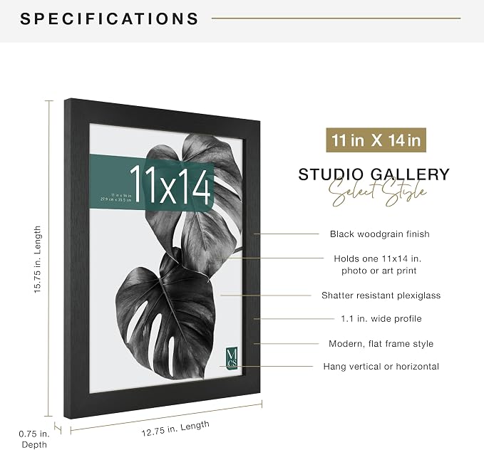 MCS Studio Gallery 11x14 Picture Frame Black Woodgrain Engineered Wood, Rectangle Photo Frame for Photos, Posters & Art Prints (1-Pack)