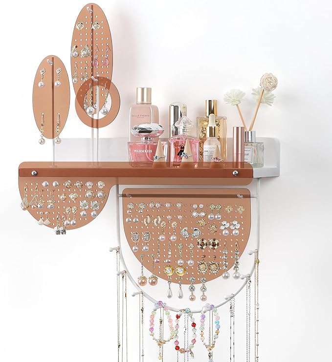 Keebofly Wall Mounted Hanging Jewelry Organizer Honey Brown | Acrylic Earring Organizer for 444+ Earrings, for Necklace & Bracelet, with Wood Shelf, Ideal Gifts for Women & Girls