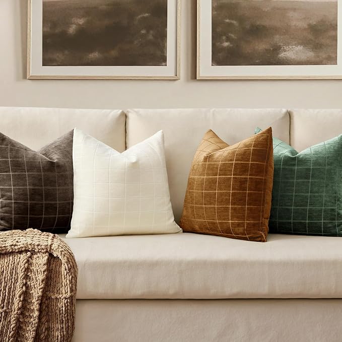 MIULEE Moss Green Plaid Decorative Euro Throw Pillow Covers 24x24 Set of 2 | Vintage, Check Chenille Couch Pillows, Neutral Boho Farmhouse Cushion Covers, Modern Home Decor for Sofa Bed Living Room