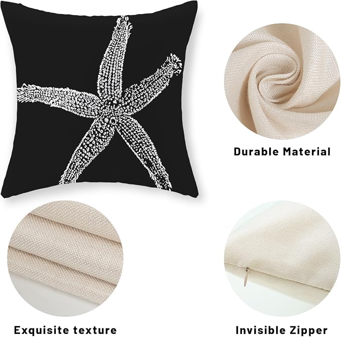 Coastal Pillow Covers 18x18 Set of 2 Black Starfish Throw Pillows Nautical Ocean Decorations Summer Beach Coral Pillowcase Outdoor Decor Linen Farmhouse Square Cushion Case for Sofa Bedroom