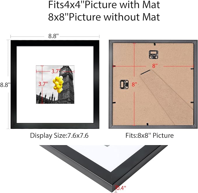 8x8 Picture Frame Set of 9, Display Pictures 4x4 with Mat or 8x8 without Mat, Multi Collage Gallery Square Photo Frames for Wall or Tabletop, Black