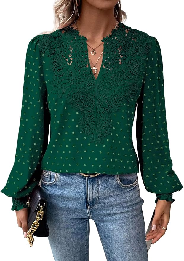 Womens Tops Swiss Dot Boho Long Sleeve Shirts V Neck Casual Chiffon Blouses Flowy Lace Hem Cute Clothing Trendy 2026