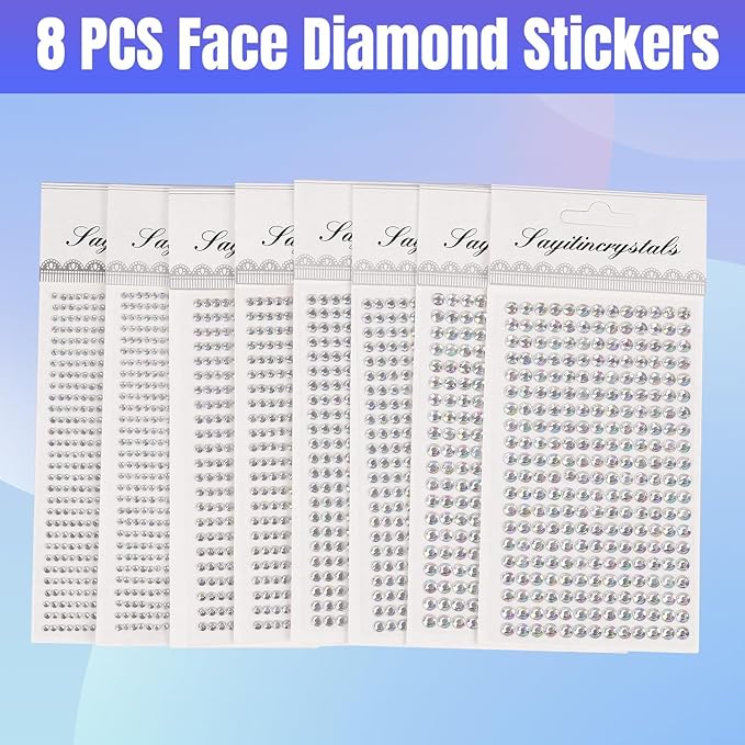 8 Sheets Rhinestone Stickers，3584 Pcs Gem Stickers for DIY Face Eyes Makeup Hair（AB White-3/4/5/6mm）