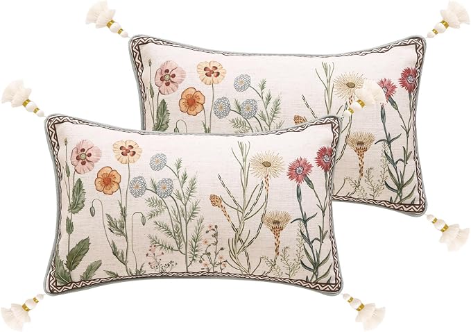 Designer Linen Throw Pillow Cover,Set of 2,20"x12"-Serenity D | French Elegant Rectangle Decor Pillow Cover,Concealed Zipper Design,Light Beige,Sofa,Bedroom,Living Room,Chairs
