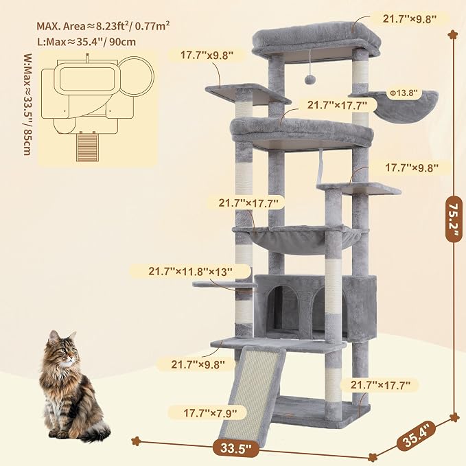 Heybly Tall Cat Tree for Large Cat, 80-inch Multi-Level Cat Tower HCT038W | Condo Furniture for Indoor Cats with Large Baseboard, 2 Widened Plush Perches, Scratching Board, Big Caves, Light Gray