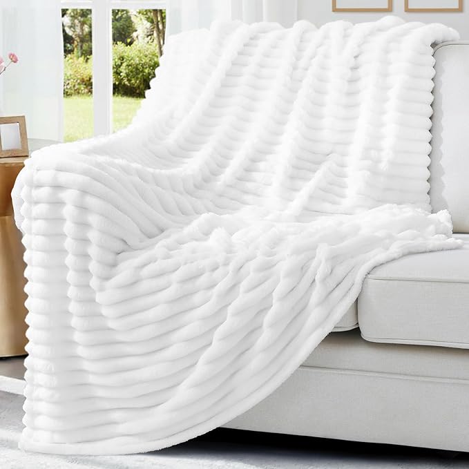 decorUhome White Fleece Throw Blanket 50x60 Inches | Soft Couch Cozy Fluffy Plush Flannel Striped Blanket for Sofa Bed, Lightweight Decorative Ribbed Fuzzy Blanket for Woman