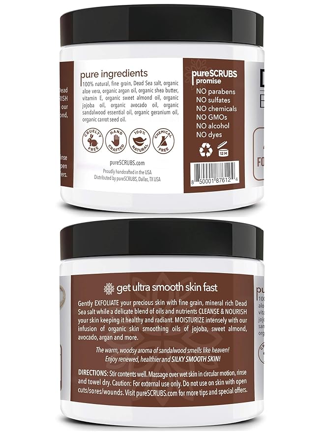 pureSCRUBS Premium Sandalwood Body Scrub Set - Large 16oz Dead Sea Salt Body Scrub With Infused Essential Oils & Nutrients, Includes Wooden Spoon, Loofah & Oatmeal Exfoliating Bar Soap