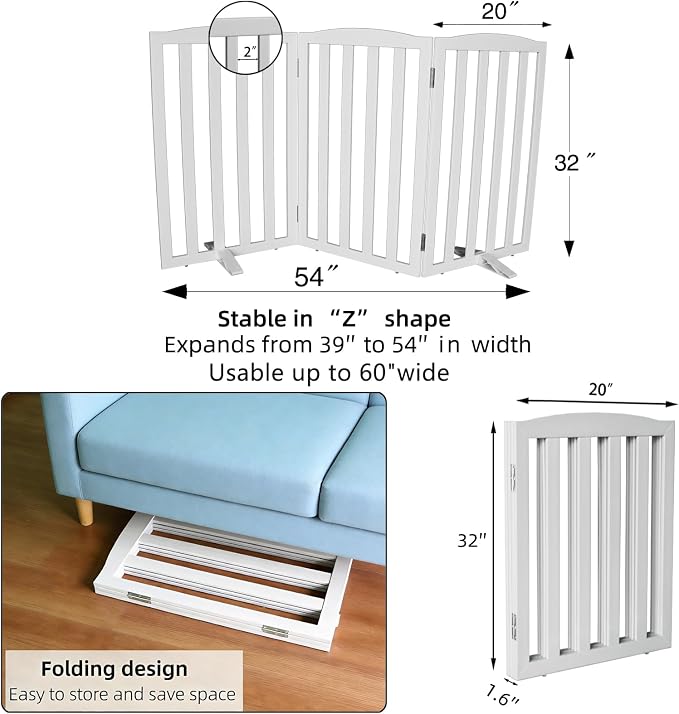 ZJSF Foldable Freestanding Indoor Dog Gate for House Wood White Long Pet Gates Dog Fence for Stairs Puppy Gates for Hallways,Pet Fence, Puppy Gate,Support Feet Included 32 "Height-3 Panels
