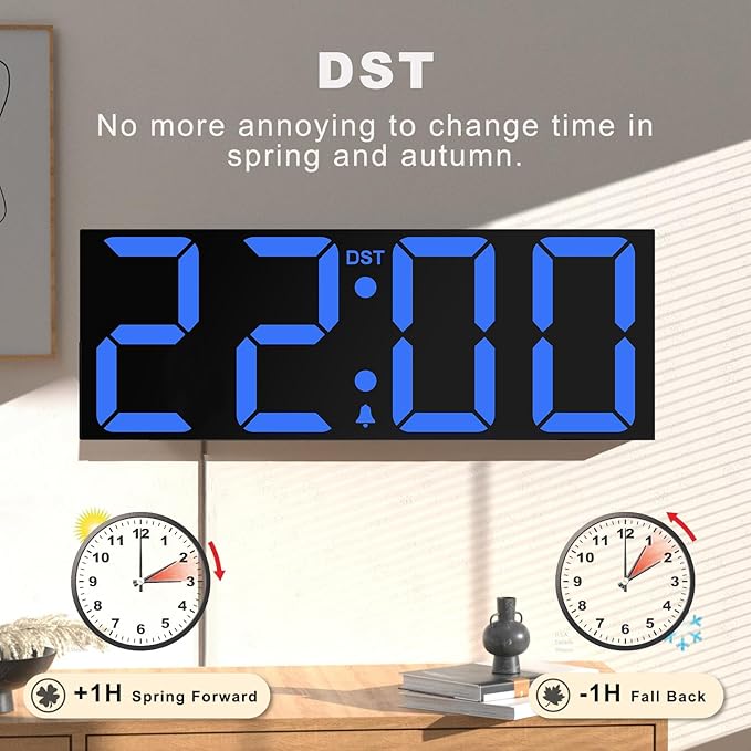 JALL 22" Large Digital Wall Clock, Big LED Number Dispaly, DST, Night Light for Classroom, Living Room, Bedroom, Mounted, Birthday Xmas Gift for Senior, Mem Womem Mom Dad, Blue