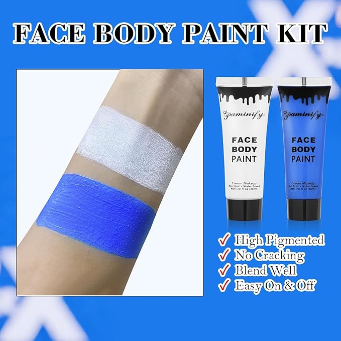 8pcs Avatar Makeup Kit,Navy Blue White Face Paint, Royal Blue Face Paint for Smurf Mystique Cosplay,Lip Gloss,White UV Eyeliner, Short Elf Ears,Single Eyeshadow,Halloween Body Paint Set with 2 Sponges