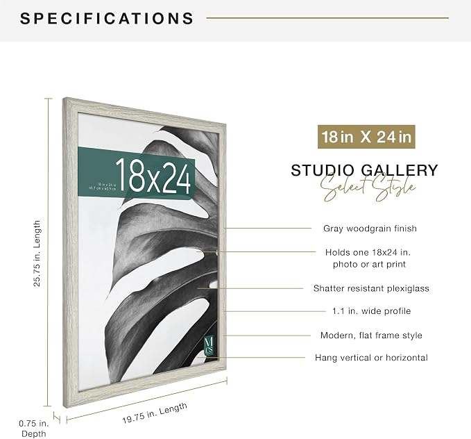 MCS Studio Gallery 18x24 Poster Frame Gray Woodgrain Engineered Wood, Vertical & Horizontal Wall Hanging Large Picture Frame for Photos, Posters & Art Prints (1-Pack)