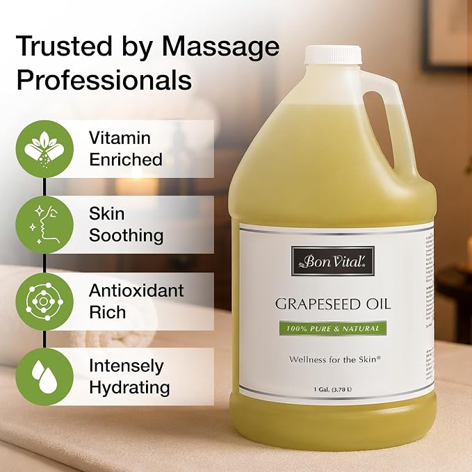 Bon Vital' Grapeseed Oil, 100% Pure Skin Toner and Massage Oil, For Hair Care, Aromatherapy, and Massage, Helps Reduce Wrinkles and Prevents Premature Aging, Skin Moisturizer, 1 Gal, Label may Vary