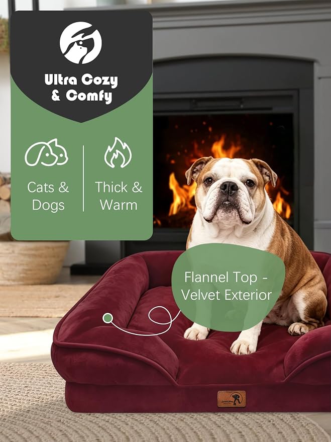 Spotted Play Orthopedic Dog Bed with Sides - Sofa Beds for Large Dogs, Supportive Foam Pet Couch Bed with Washable Removable Cover, Waterproof Lining and Non-Slip Bottom, Burgundy - L