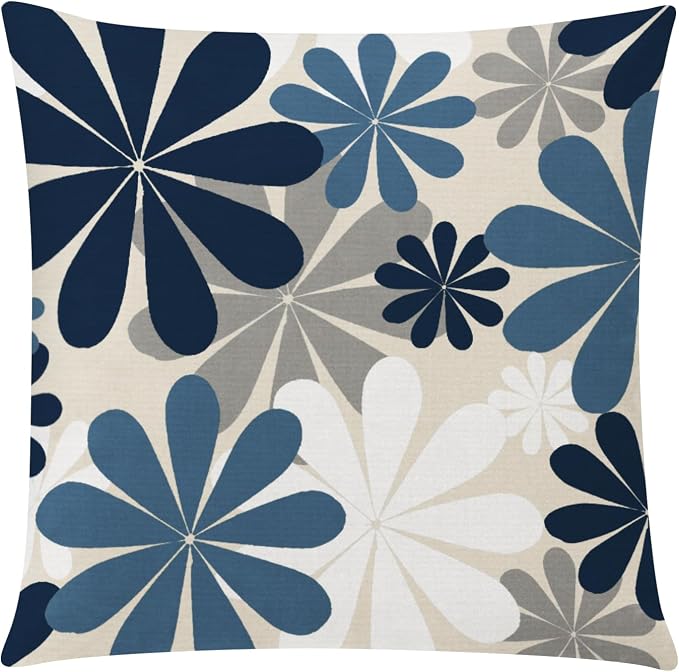 Blue Beige Linen Pillow Covers 16x16 Set 6 Farmhouse Daisy Floral Decor | daisy sunflower dahlia, decorative cushion cover, Breathable Linen, Accent pillow chair small Sofa, modern farmhouse Decor