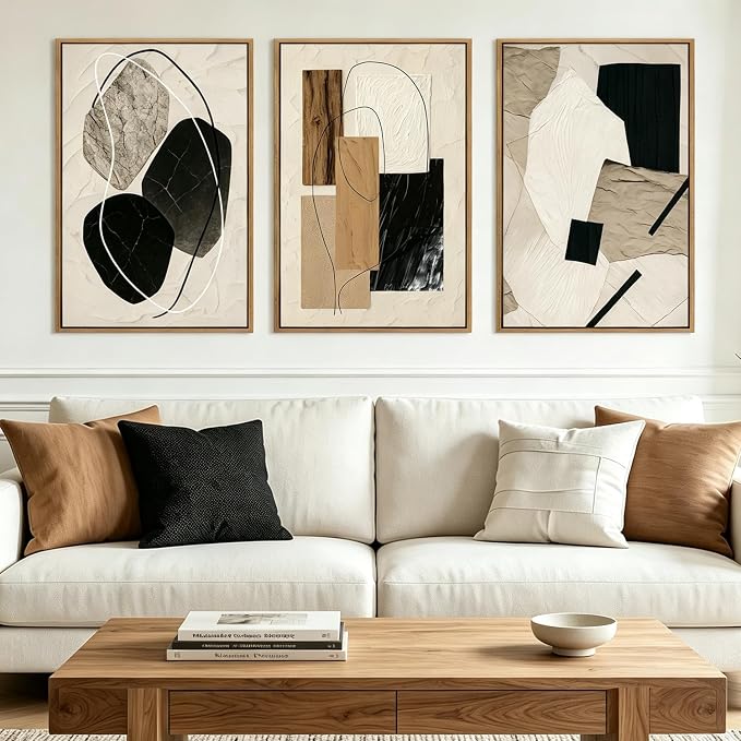 Large Abstract Paintings Framed Neutral Canvas Prints Mid Century Modern Wall Art for Living Room Bedroom Bathroom 36x24 Inch 3 Piece