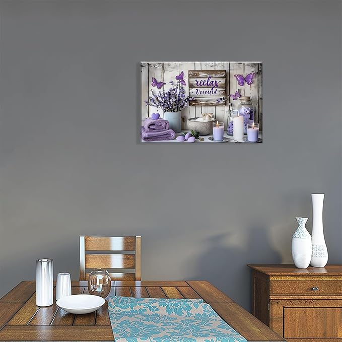 Purple Bathroom Canvas Wall Decor Relax Soak Canvas Wall Art Butterfly Floral Print Poster Artwrok Unwind Bathroom Washroom Painting Pictures 12x16 In