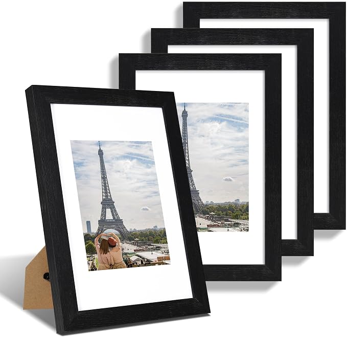 Hongkee 8x12 Picture Frame Set of 4, Made of Glass and Rustic Black Wooden Frame - Display 6x8 Picture with Mat or 8 x 12Poster Without Mat, 8 by 12 Photo for Wall or Tabletop