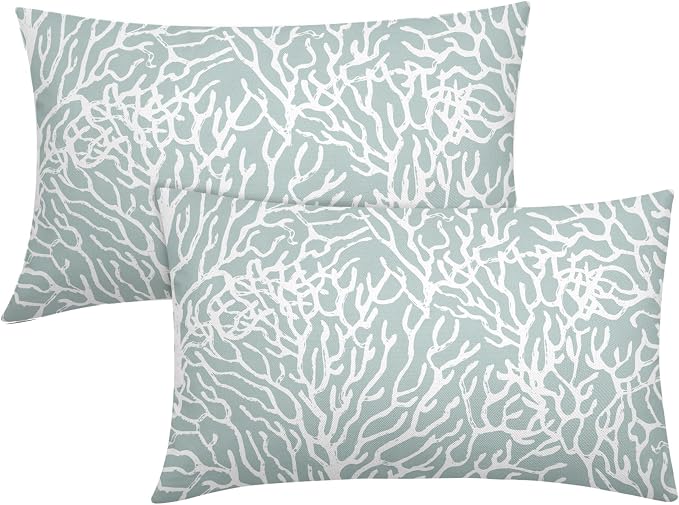 Nautical Coastal Coral Lumbar Pillow Covers 12x20 Inch Set of 2 Summer Ocean Beach Seafoam Blue Decorative Pillow Cases Outdoor Linen Cushion Cover Farmhouse Decor for Bedroom Home Sofa Couch Bed