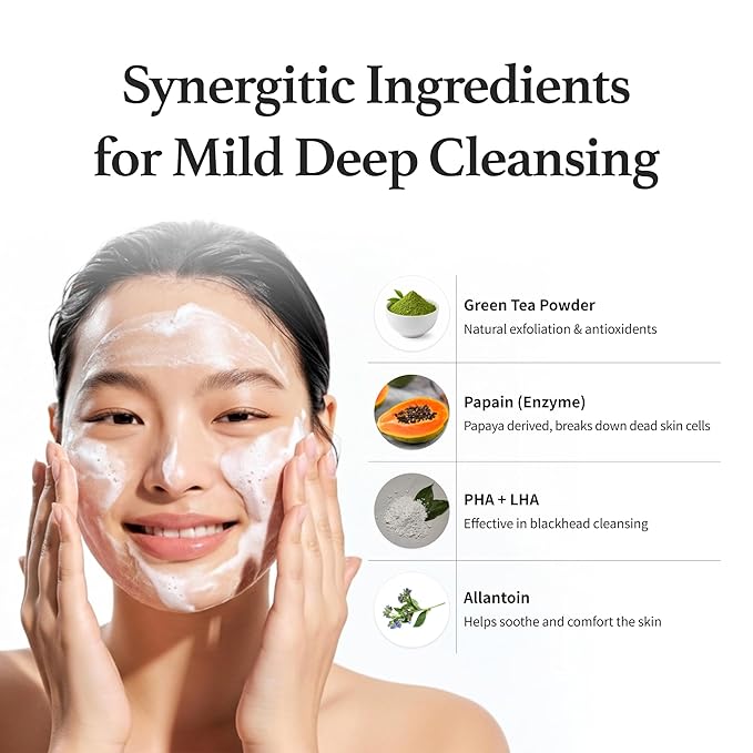 Matcha & Enzyme Powder Wash, Gentle Face Wash for Sensitive Skin, Removes Impurities, Daily Exfoliating Pore Cleansing Foam, Powder to Foam, Fragrance Free Korean Skincare 1.76 oz