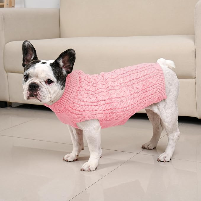 Dog Sweater 2 Pack for Medium Dogs, Size M, Pink & Purple | Stretchy cable knit turtleneck, machine washable, high belly cut, comfy winter fit for French Bulldog, Pug