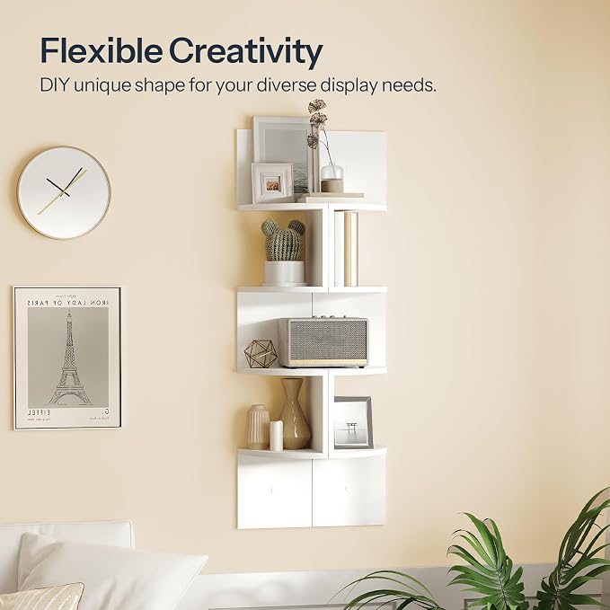 HOOBRO Corner Shelf Wall-Mounted, Set of 2 Floating Corner Shelves for Wall, 4-Tier Corner Bookshelves for Living Room, Bedroom, Bathroom, Home Office, White WT25BJP201