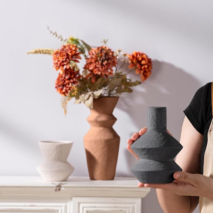 Ceramic Vase Home Table Decor - Flower Vase Set of 3 Living Room Kitchen Decorations Farmhouse Modern Rustic Vases Decorative Centerpiece for Shelf Bedroom Office Bathroom Dining Coffee Desk