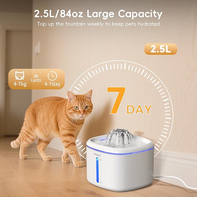 Cat Water Fountain,2.5L/84oz Pet Water Fountain for Cats Inside, Cat Fountain for Drinking with Ultra Quiet Pump(≤20dB)& LED Blue Light - for Pets S