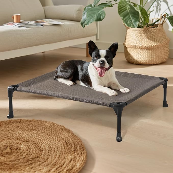 Veehoo Outdoor Elevated Dog Bed for Medium Dogs, Cooling Raised Dog Cots | Off-ground training platform, portable camping hammock, breathable mesh, easy to clean, no-tool setup, 32"x25", Brown