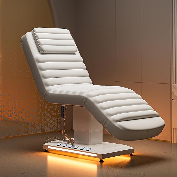 Paddie Luxury Fully Electric Spa Bed, Esthetician Spa Lash Table with LED Lights, Motorized Height & Angle Adjustable for Facial & Medical Treatment, White