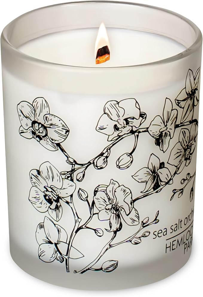 Hemlock Park Sea Salt Orchid Frosted Scented Candle | Crackling Wood Wick, Botanical Fragrance & Coconut Apricot Wax | Up to 50 Hour Burn Time | 7.2 oz | Made in USA