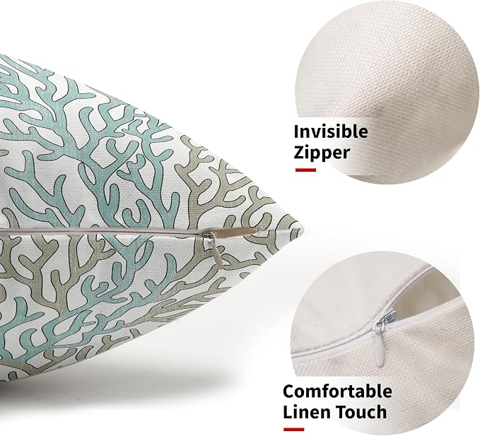 Nautical Coastal Coral Teal Tan White Lumbar Pillow Covers 12x20 Inch Set of 2 Brown Summer Ocean Themed Beach Pillow Cases Outdoor Linen Square Cushion Cover Farmhouse Decor for Home Sofa Couch Bed