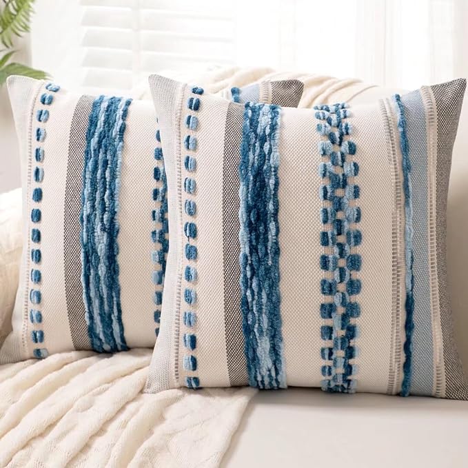 Boho Throw Pillow Covers Decorative Neutral Farmhouse Pillow case | 18x18 Set of 2 Cushion Case Striped Square Pillows Cover Couch Pillow Cases Accent Pillowcase for Sofa Bed,Sky Blue