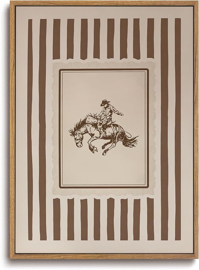 ZZLWBKGL Western Wall Decor Cowboy Canvas Art Vintage Framed Wall Art | Farmhouse Striped Painting Retro Nursery Artwork Mid Century Aesthetic for Living Room Bedroom 12x16in
