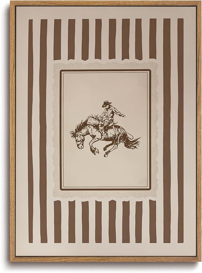 ZZLWBKGL Western Wall Decor Cowboy Canvas Art Vintage Framed Wall Art | Farmhouse Striped Painting Retro Nursery Artwork Mid Century Aesthetic for Living Room Bedroom 8x10in