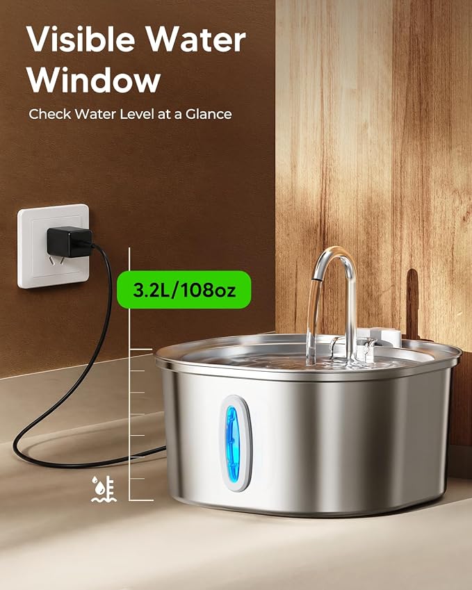 PEKTACO Stainless Steel Cat Water Fountain with 3 Filters, 3.2L/108oz | Cat drinking fountain, dishwasher safe, with triple filtration, quiet pump, and visible water window for cats and small pets