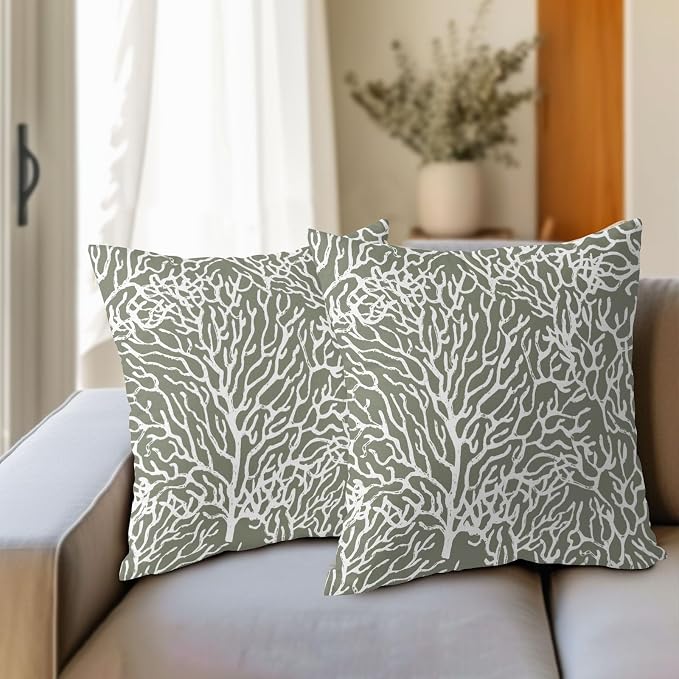 Nautical Coastal Coral Pillow Covers 16x16 Inch Set of 2 Summer Ocean Beach Sage Green Decorative Pillow Cases Outdoor Linen Cushion Cover Farmhouse Decor for Bedroom Home Sofa Couch Bed
