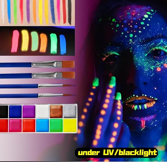 Glow in The Dark Face Body Paint, Glow In The Dark Under UV Black Light Sticks Makeup Neon Face Painting Kits for Adult Halloween Festival Accessory Glow Party Supplies (12 color)