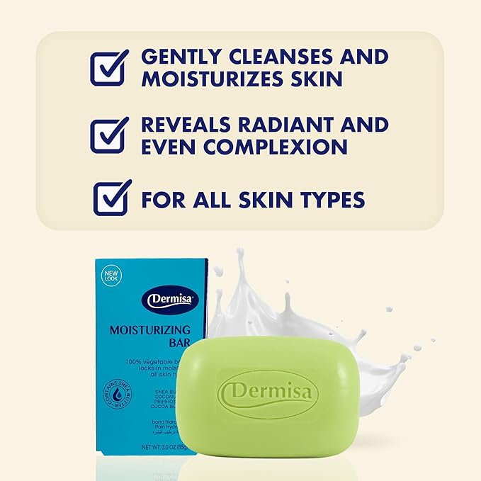 Dermisa Moisturizing Bar with Cocoa Butter, Coconut Oil and Shea Butter - Hydrating Face and Body Cleanser for All Skin Types - 3.0oz, Pack of 3