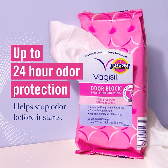 Vagisil Feminine Wash for Intimate Area Hygiene, pH Balance, Gynecologist Tested, Hypoallergenic, 12 oz, (Pack of 3) & Odor Block Daily Freshening Wipes for Feminine Hygiene in Resealable Pouch