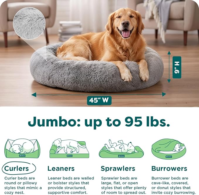 FurHaven 45" Calming Donut Dog Bed for Large Dogs, Round Plush Donut with Soft Filling for Snuggling Comfort, Removable Washable Cover, Jumbo XL, Shaggy Faux Fur, Mist Gray
