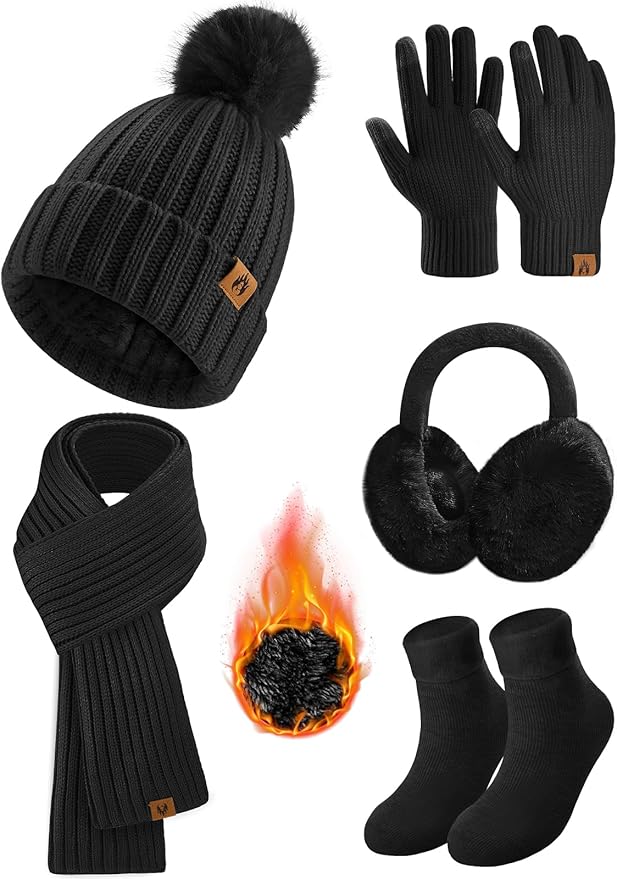 Yusongirl Winter Women Scarf Gloves Beanie Ear Muffs Socks Set Cold Weather Warm Knit Hat Fleece Long Neck Warmer 5 in 1 Set