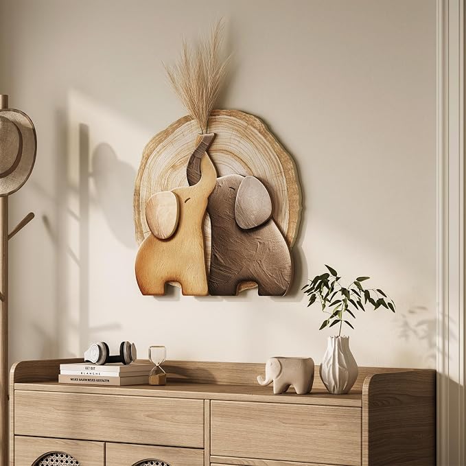 3D Textured Elephant Brown Minimalist Wall Art for Dining Room, 24x24 Inch | With faux greenery, Tree ring texture, Natural, Modern, Animal wall decor, Artwork for walls, for Living room, Hallway